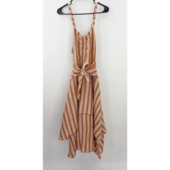 B51 Posse Striped Linen Midi Dress XS Layered Tie Waist Resort Flowy Cruise - Picture 5 of 10